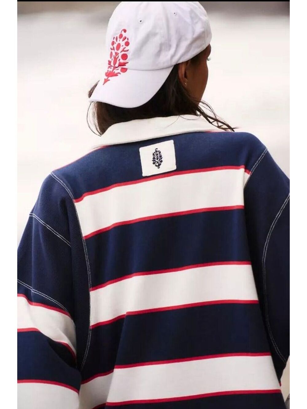 Free People FP Movement Work It Out Printed Rugby Pullover Navy Stripe